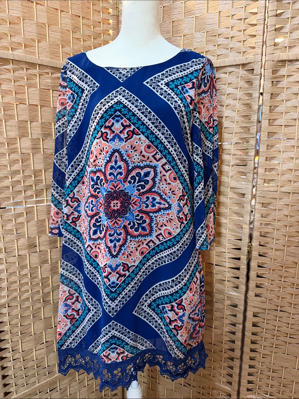 Red Camel Blue, Coral & Teal Medallion Long-Sleeve Shift Dress